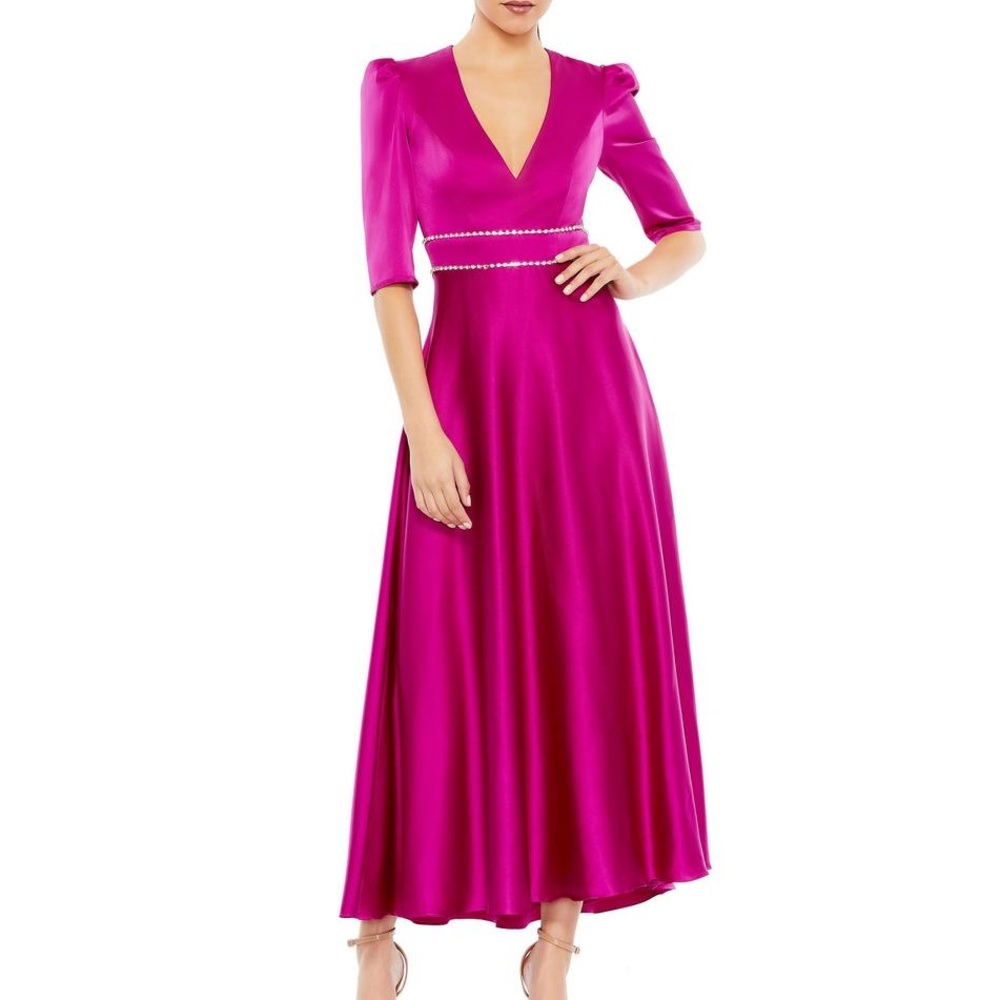 NWT Ieena for Mac Duggal Fuscia Half Sleeve A-line Dress Rhinestone Waist Size 4